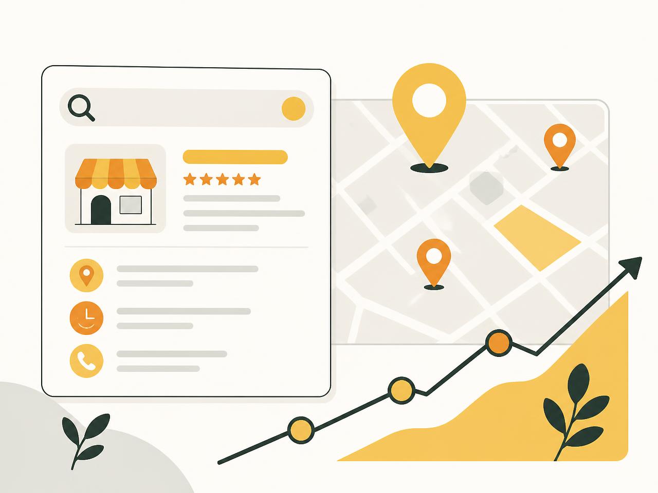 Illustration abstraite du SEO local : résultat de recherche, carte avec repères et courbe de progression